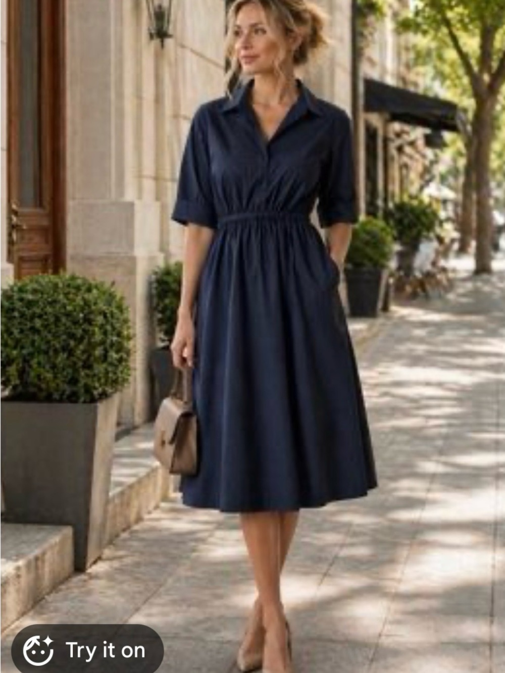Navy Shirtwaist Midi Dress with Elastic Waist